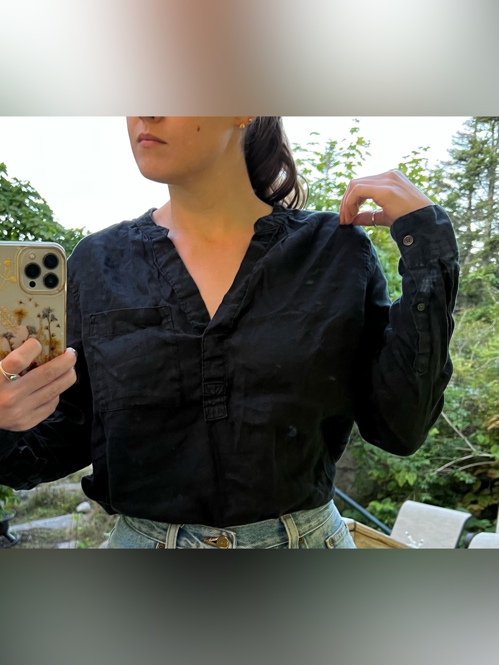 GAP Black Casual 100% Linen Blouse - Long Sleeve